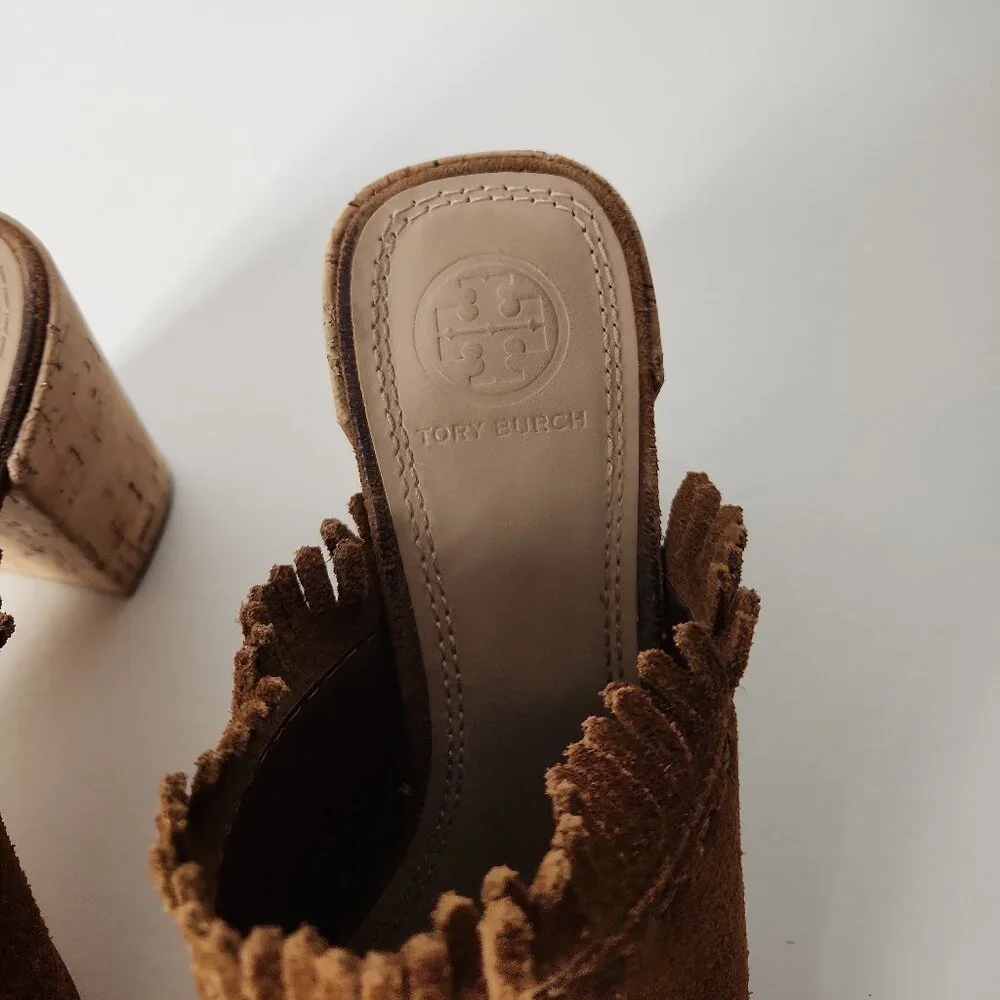 Tory Burch Huntington Festival Brown suede fringe mule sandal heel shoes 5.5 M